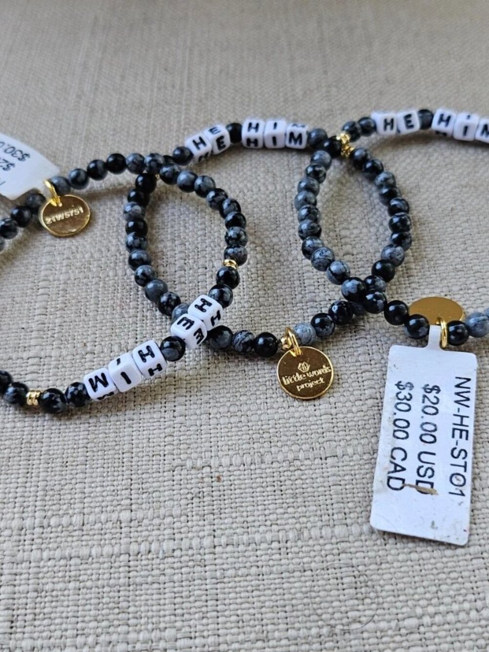 Little Words Project Bracelet Black Beands HE HIM Wrist Band Stretched Lot of 3 - Picture 9 of 12